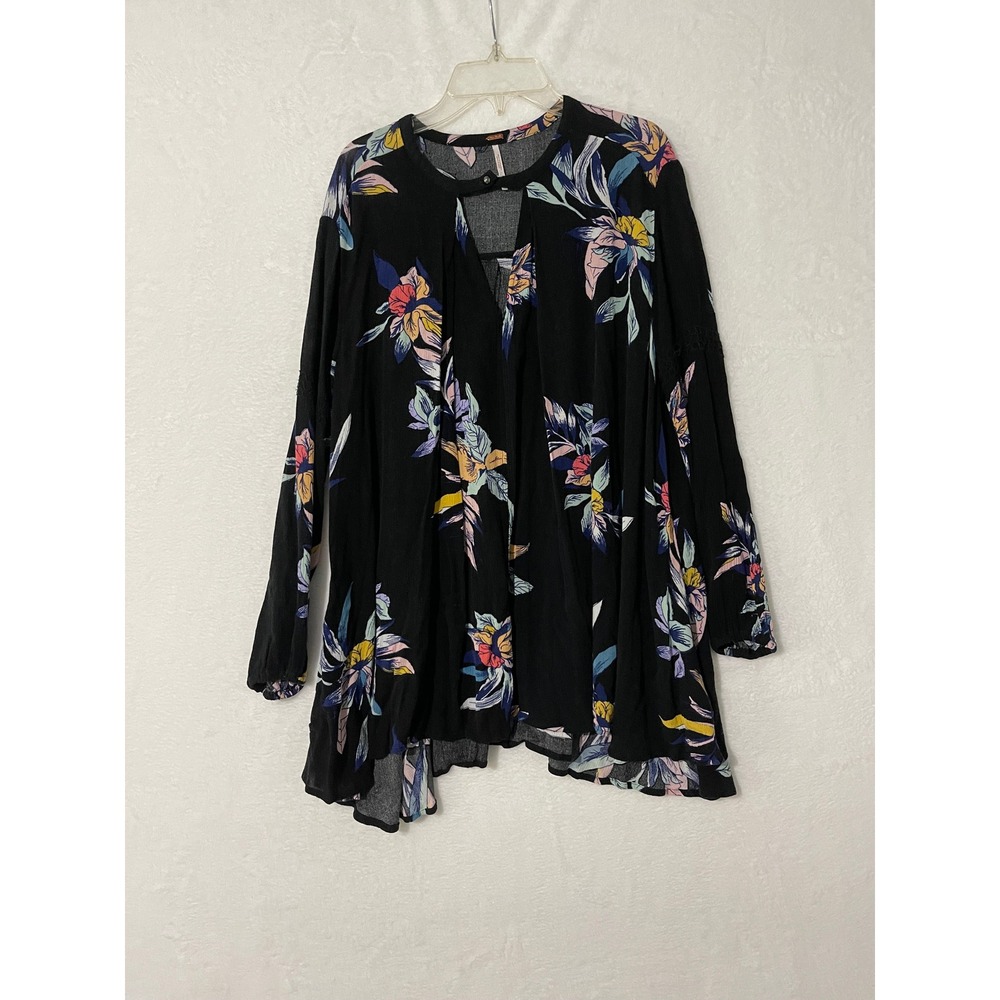 Free People Electric Orchicd Black Floral Keyhole Long Sleeve Tunic Blouse Sm